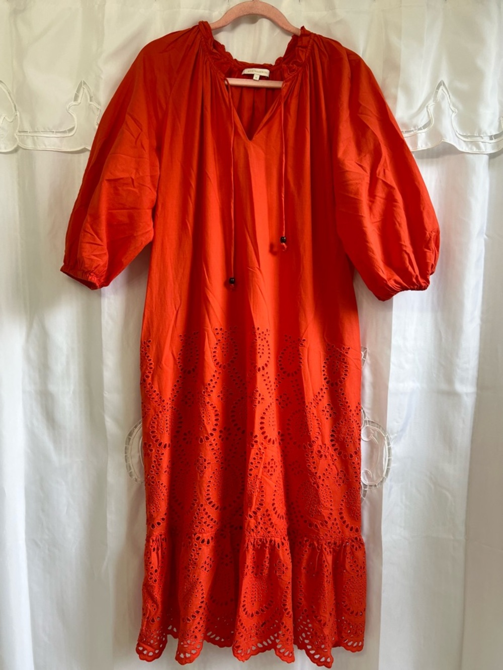Ann Mashburn Red Eyelet Midi Dress Boho Peasant Puff Sleeve Cotton Medium